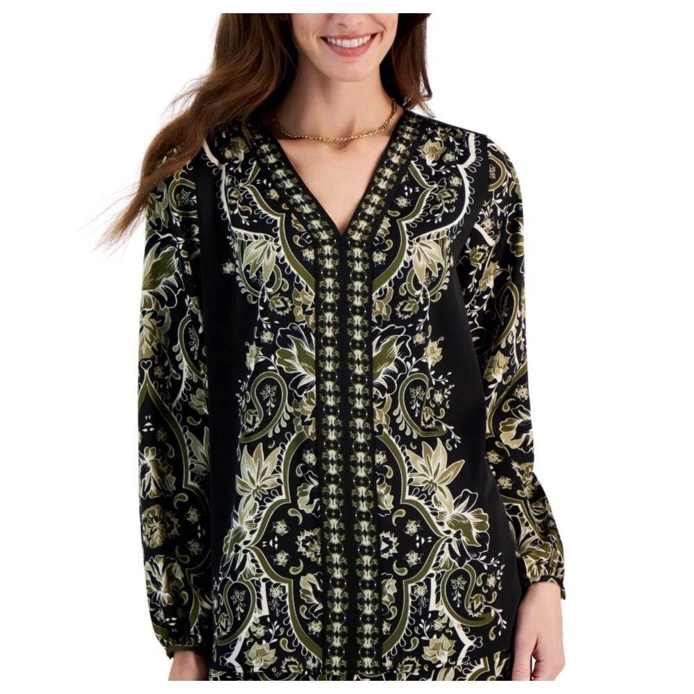 JM Collection Satin Print Combo V-Neck Top Size L
